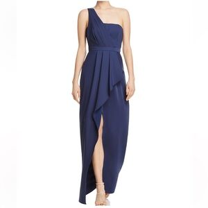BCBGMaxAzria Navy One Shoulder Gown